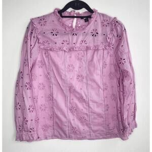J.Crew Floral Eyelet  Womens Small Pink Long Sleeve Ruffle Boho Peasant Blouse